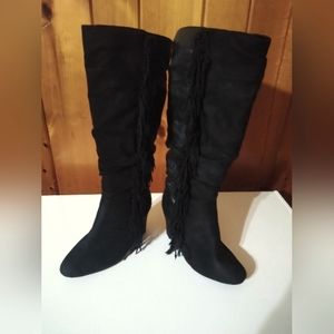 Black fringe denim one high boots